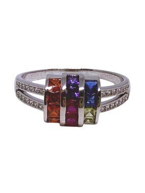 Rainbow Cubic Zirconia Silver Band Ring With Pave Side Accents Size 11